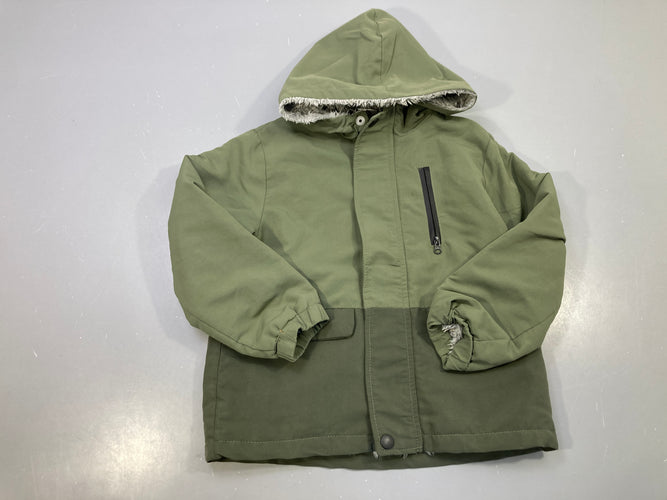 Parka léger zippé vert kaki bicolore, capuche doublure fausse fourrure, moins cher chez Petit Kiwi