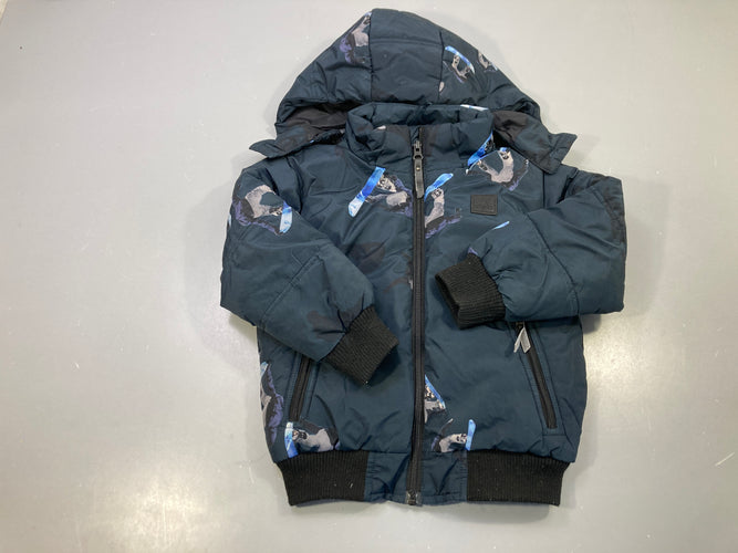 Blouson zippé bleu marine imprimé snowboardeurs, capuche amovible, moins cher chez Petit Kiwi