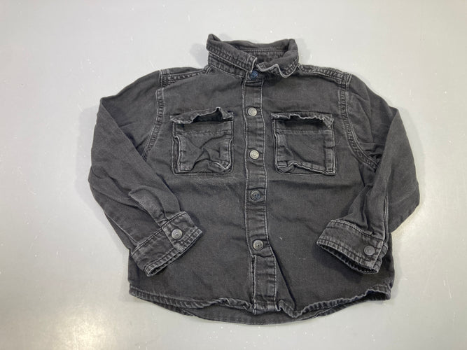 Chemise m.l noire jean délavé, poches poitrine, boutons pression, moins cher chez Petit Kiwi