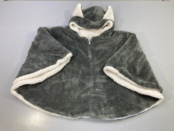 Poncho zippé gris foncé duveteux, capuche oreilles, doublure sherpa écru, moins cher chez Petit Kiwi