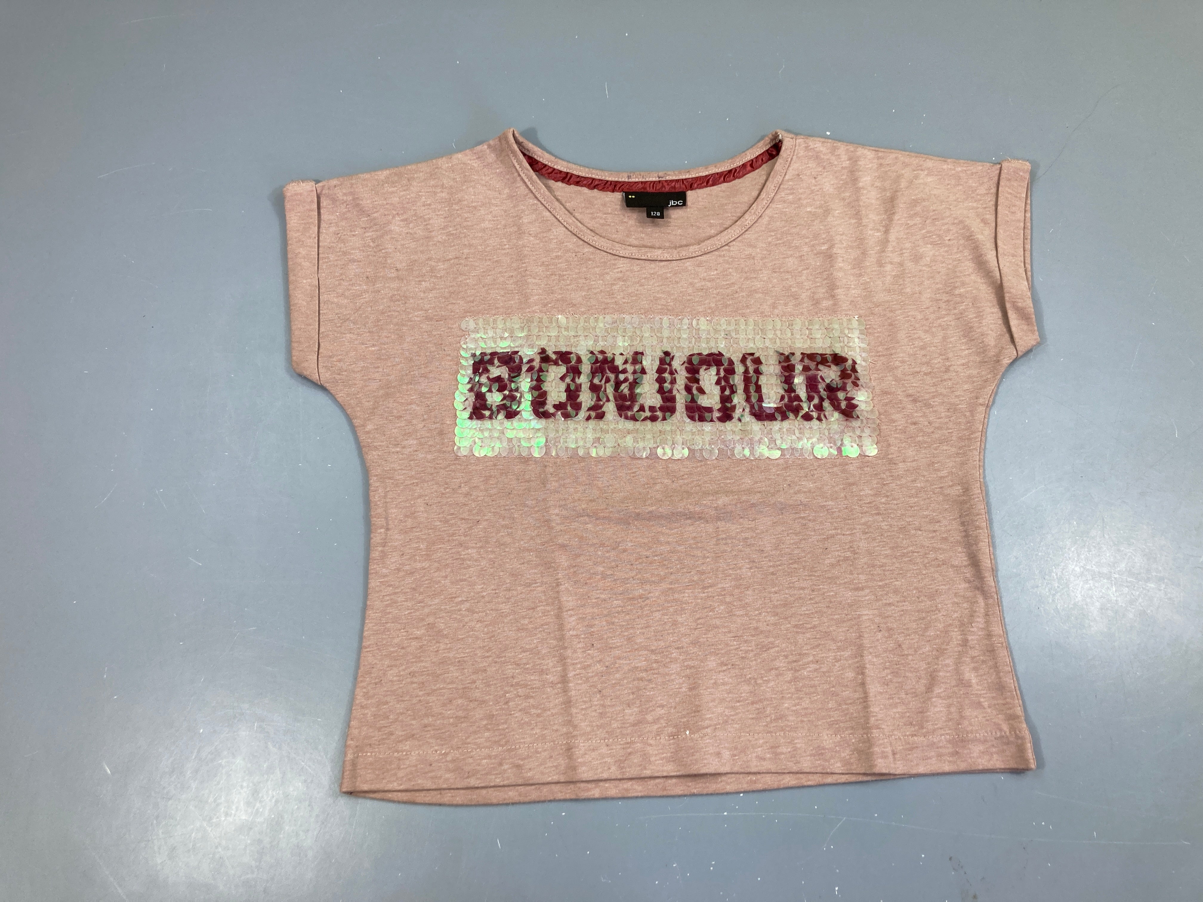 T-shirt m.c court rose chiné Bonjour sequins