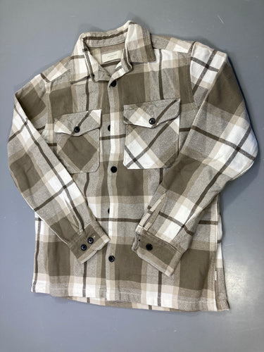 Surchemise m.l kaki écru à carreaux, flanelle, poches poitrine, moins cher chez Petit Kiwi