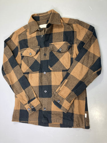 Surchemise m.l camel noir à gros carreaux, flanelle, poches poitrine, moins cher chez Petit Kiwi