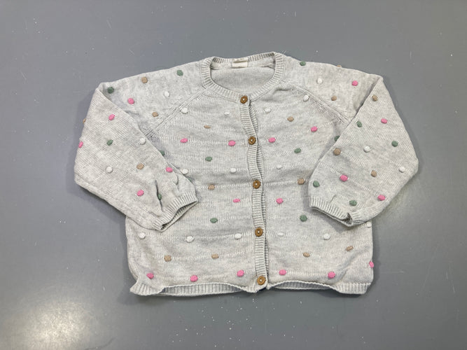 Gilet gris chiné maille, pompons roses verts beiges, moins cher chez Petit Kiwi