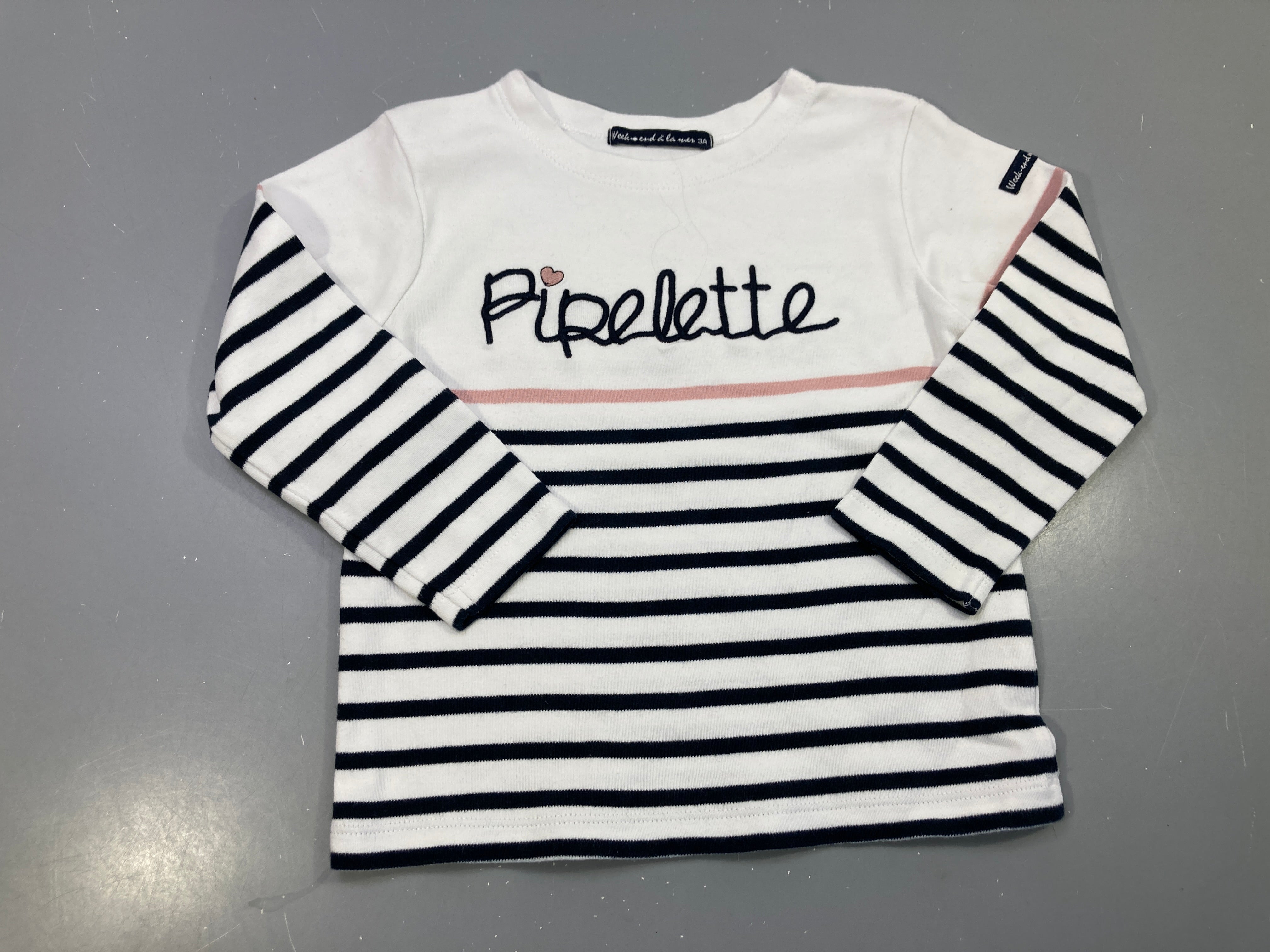 T-shirt m.l blanc rayé bleu marine, brodé Pipelette