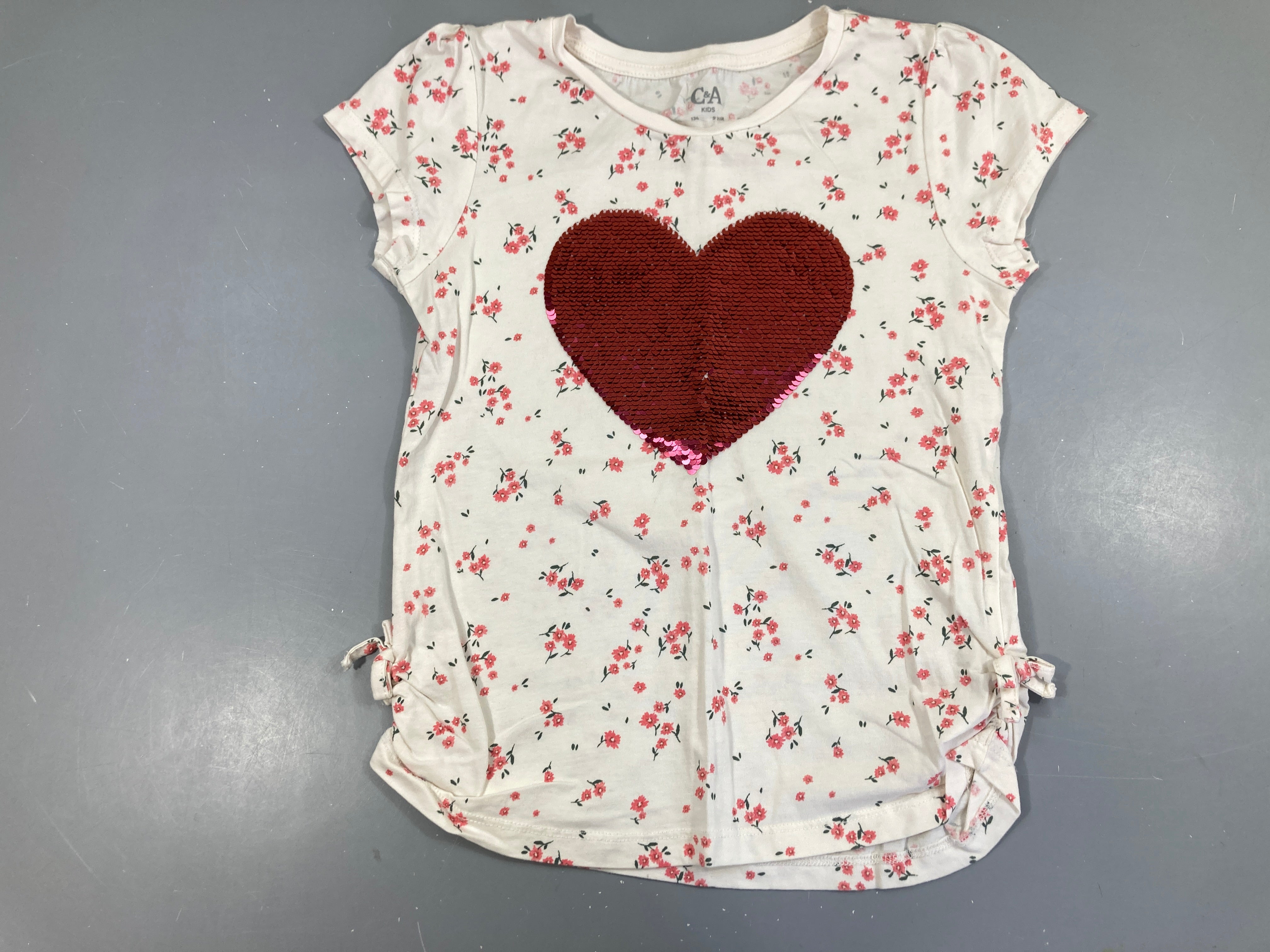 T-shirt m.c blanc fleuri coeur sequins réversibles