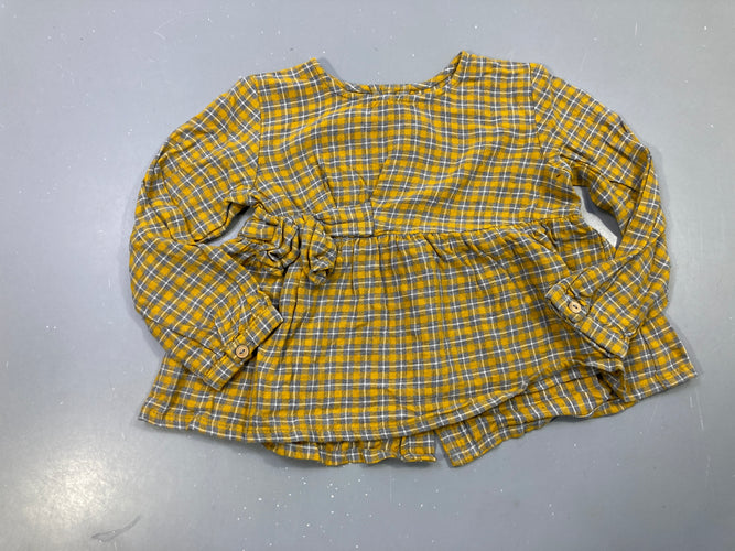 Blouse m.l moutarde et grise à carreaux, nœud à la taille, basque froncée, moins cher chez Petit Kiwi