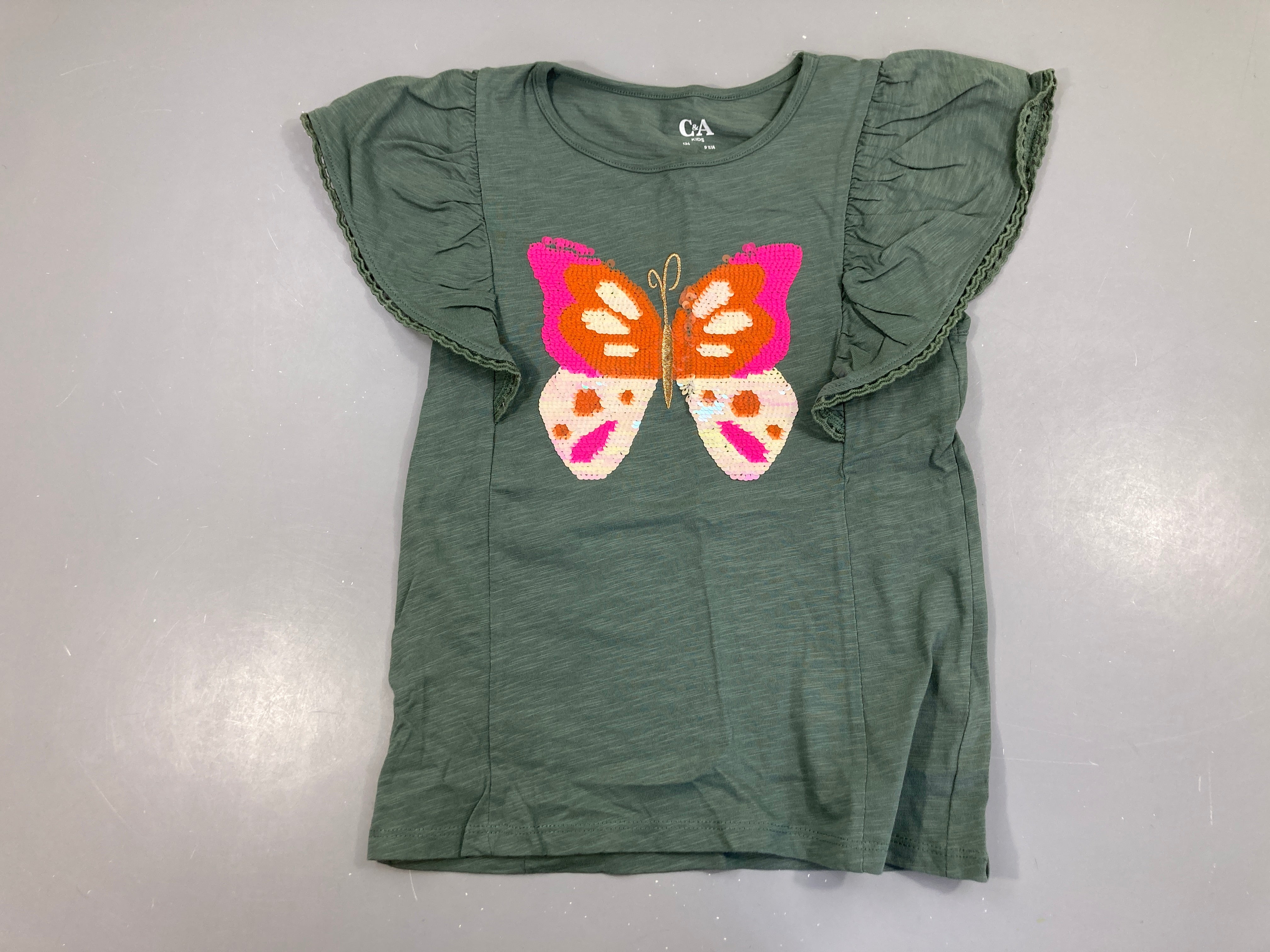 T-shirt m.c kaki flammé papillons sequins réversibles