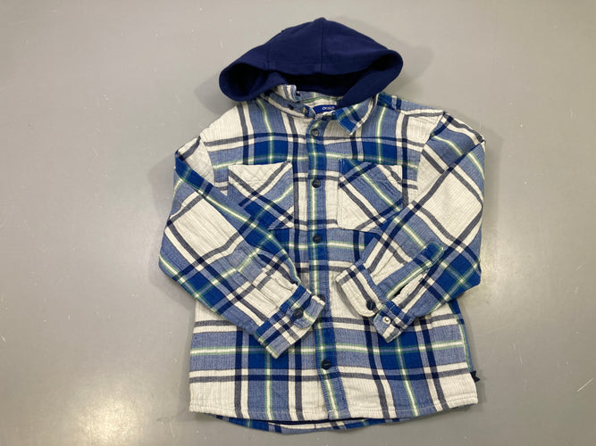 Chemise m.l bleu et blanc à carreaux, capuche marine, pressions, 2 poches, moins cher chez Petit Kiwi