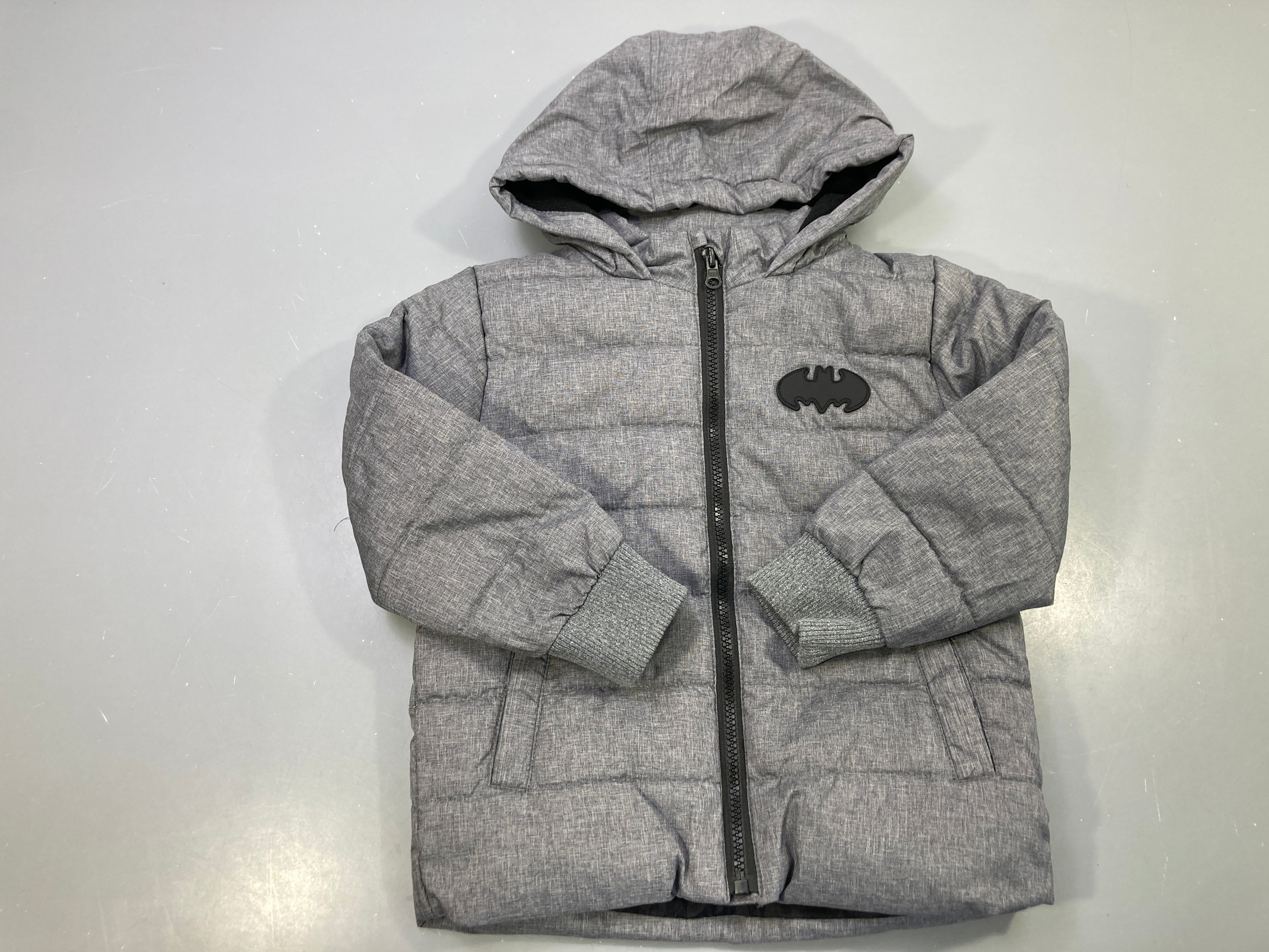 Doudoune zippée capuche gris chiné, logo Batman