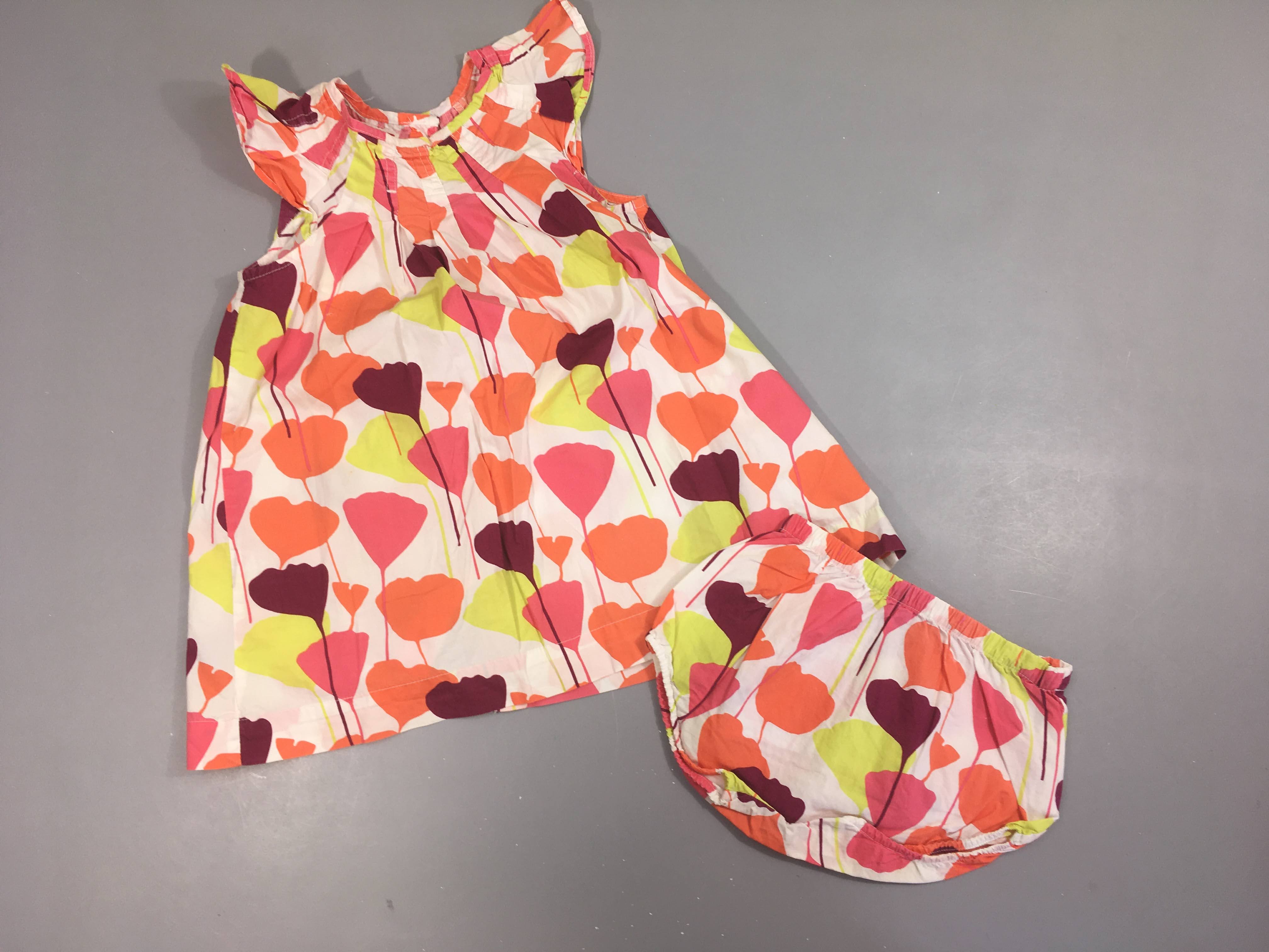 Robe m.c blanche motifs rose-orange-mauve +  Bloomer