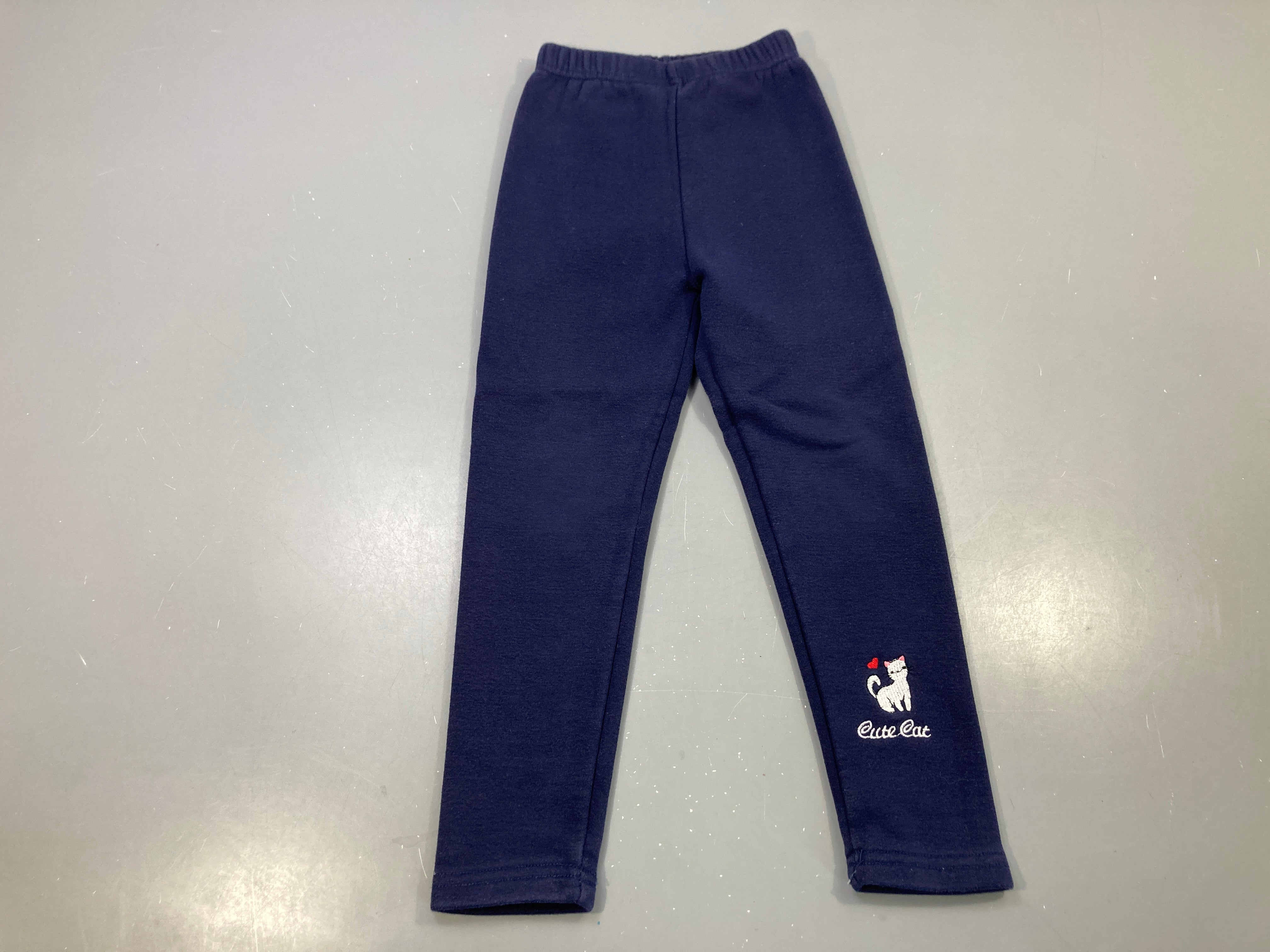 Legging bleu marine molletonné, chat brodé « Cute Cat » doublé velours Légèrement bouloché