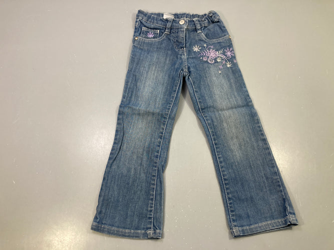 Jeans ean évasé, broderies fleurs violettes, taille réglable, moins cher chez Petit Kiwi