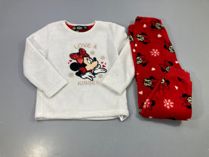 Pyjama 2pcs polaire écru et rouge, Minnie brodée sequins « Love & Kisses », flocons, moins cher chez Petit Kiwi