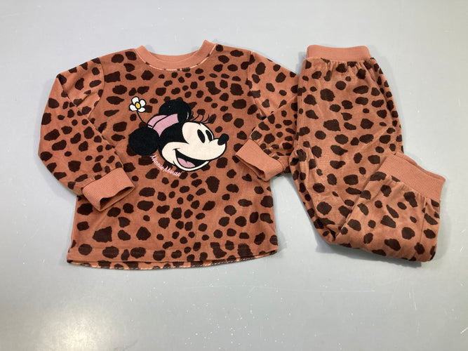 Pyjama 2pcs velours marron imprimé taches, Minnie brodée, moins cher chez Petit Kiwi