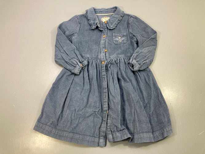 Robe m.l bleu gris velours côtelé, col claudine broderie anglaise, poche brodée, boutons bois, moins cher chez Petit Kiwi