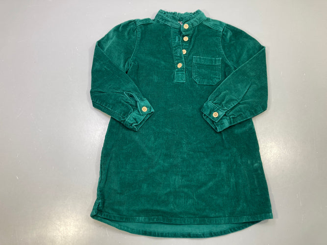 Robe m.l vert sapin velours côtelé, col montant froncé, boutons, poche poitrine, moins cher chez Petit Kiwi