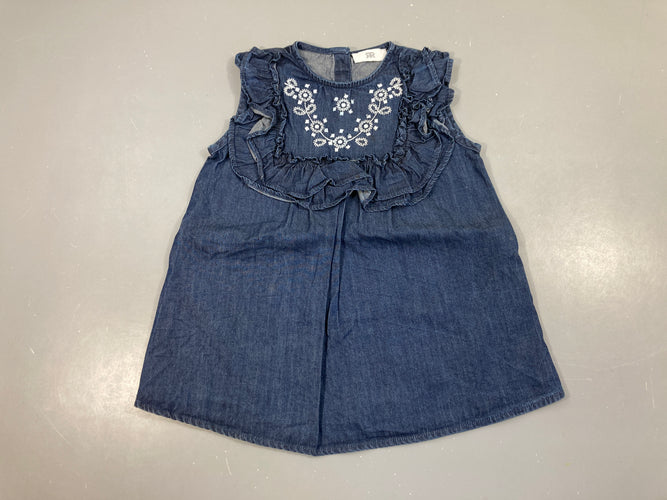 Robe s.m denim foncé fleus brodées, moins cher chez Petit Kiwi