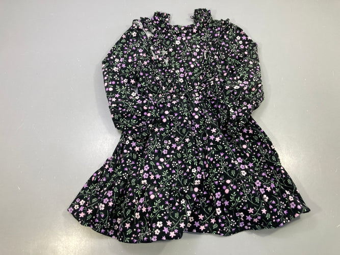Robe m.l noire fleurie mauve et rose velours côtelé, épaules dénudées, volants, moins cher chez Petit Kiwi