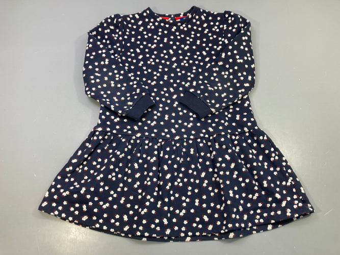 Robe m.l bleu marine molleton, petites fleurs blanches et rouges, taille basse froncée, moins cher chez Petit Kiwi