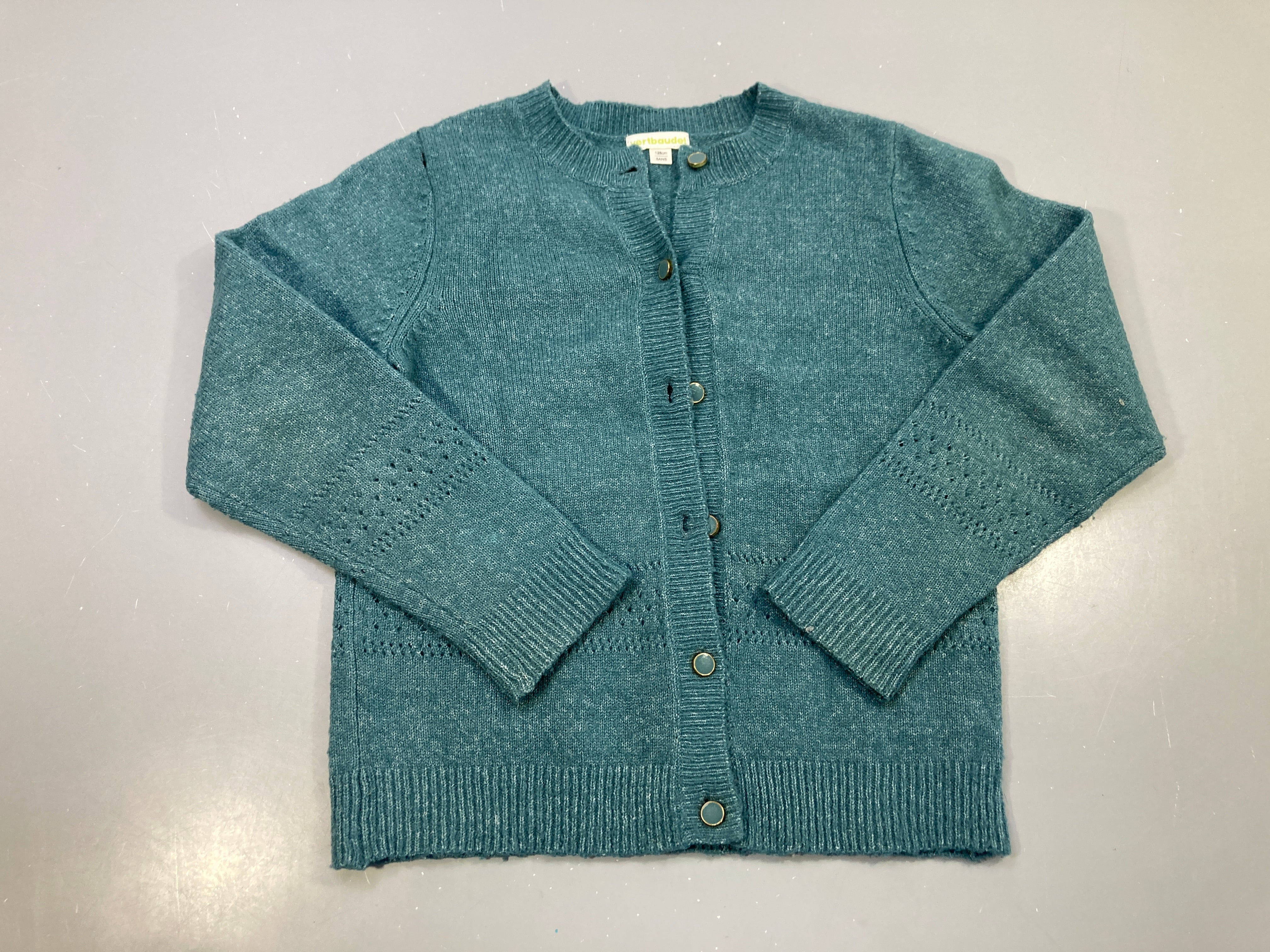 Gilet vert canard maille ajourée, boutons