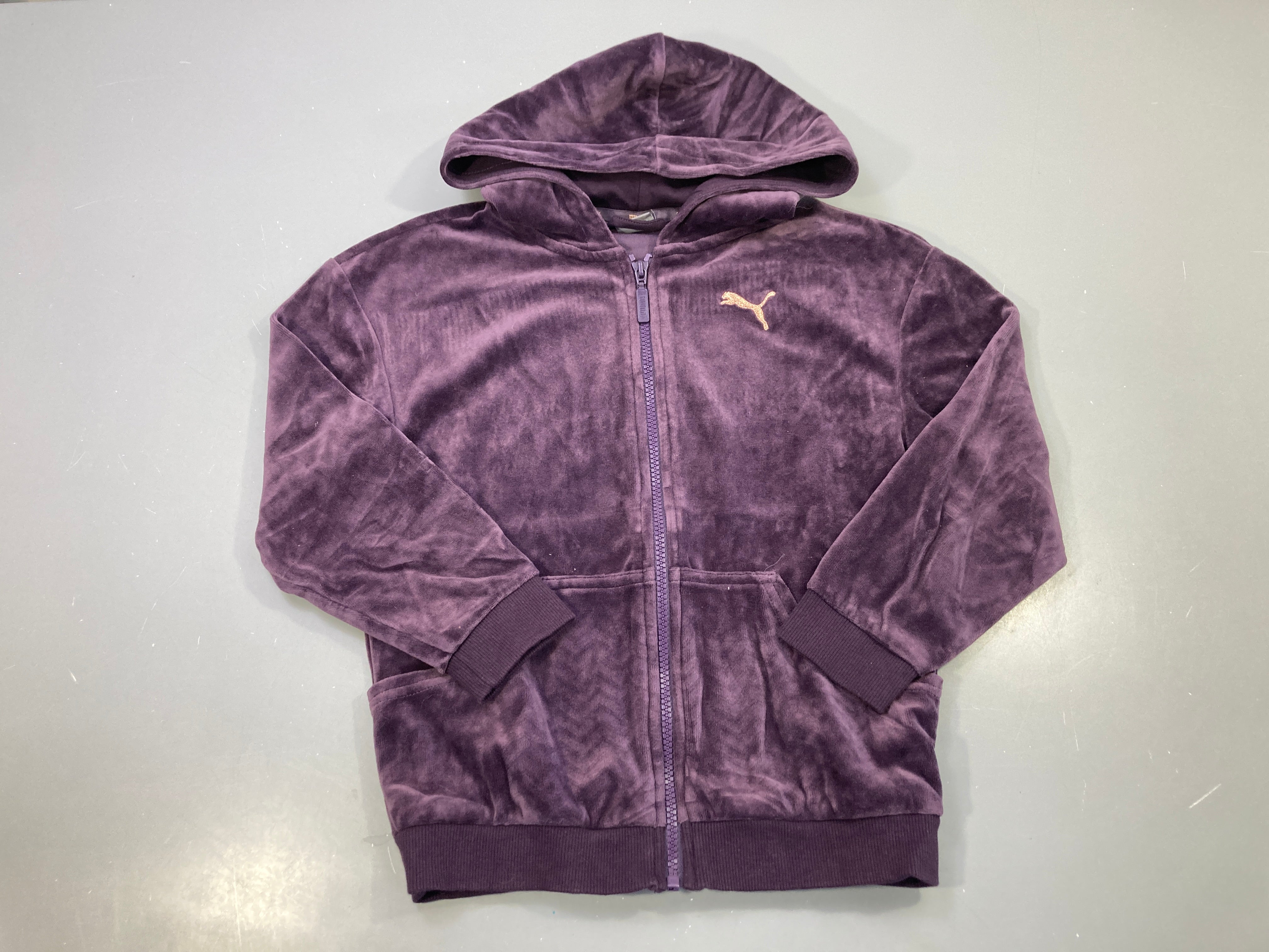 Sweat zippé capuche prune velours, logo pailleté doré