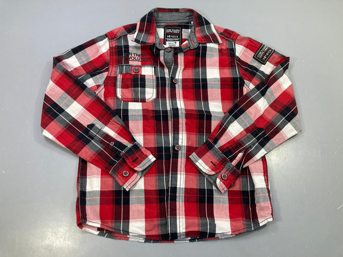 Chemise m.l rouge, noir et blanc à carreaux, poche, écusson, Here+There, moins cher chez Petit Kiwi