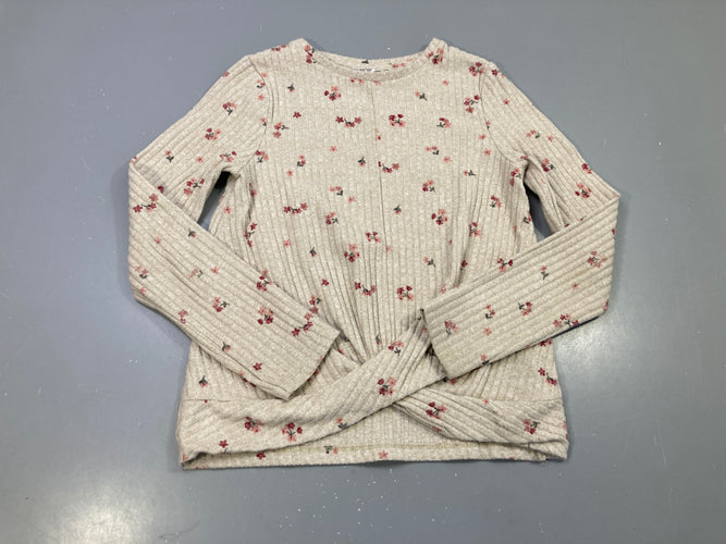 Pull beige chiné côtelé, petites fleurs roses, nœud torsadé, moins cher chez Petit Kiwi