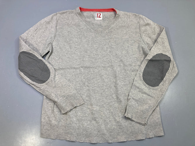 Pull gris chiné col V, coudières grises, liseré rouge encolure Dentendu bas, moins cher chez Petit Kiwi