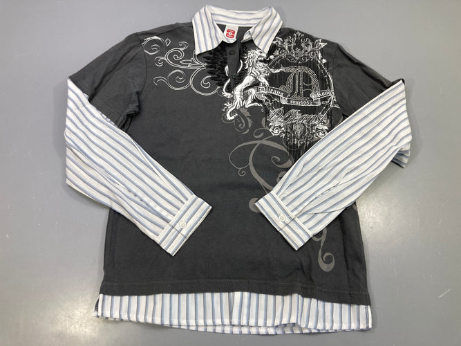 Polo m.l gris anthracite, col et manches rayés effet superposé, imprimé lion, Here+There, moins cher chez Petit Kiwi