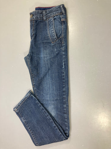Pantalon bleu brut jean slim, surpiqûres contrastées, moins cher chez Petit Kiwi