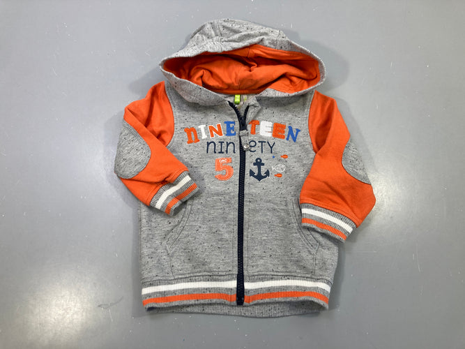 Sweat zippé capuche gris chiné et orange, ancre, nineteen ninety 5, bouloché, moins cher chez Petit Kiwi