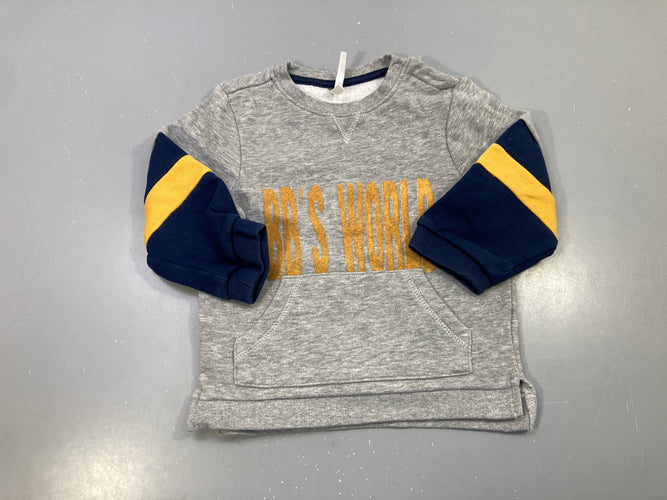 Sweat gris chiné molleton, manches marine et moutarde, BB's World, moins cher chez Petit Kiwi