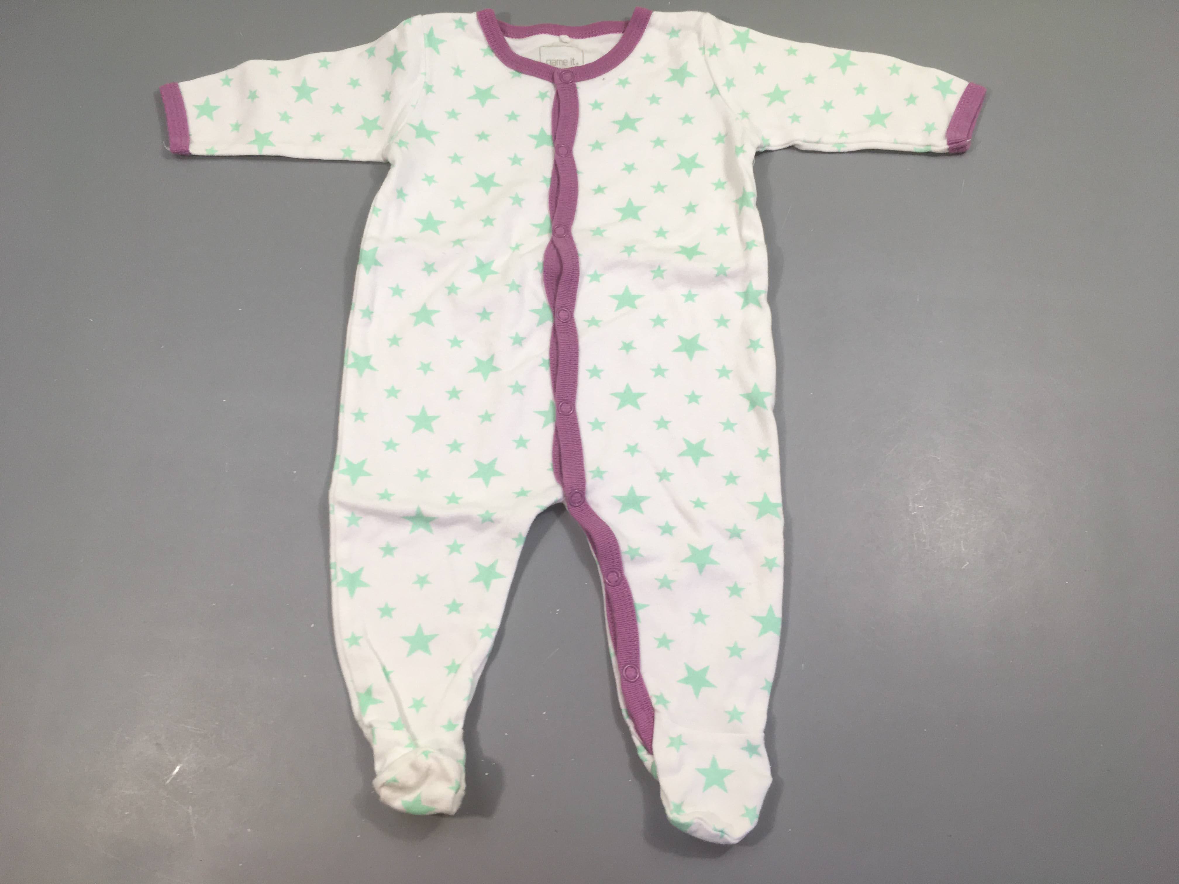 Pyjama jersey blanc bords mauve étoiles vertes