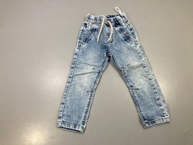 Pantalon jean bleu clair délavé, taille élastique cordon, moins cher chez Petit Kiwi