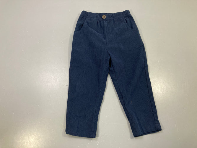 Pantalon léger velours bleu marine côtelé, taille élastique bouton, moins cher chez Petit Kiwi