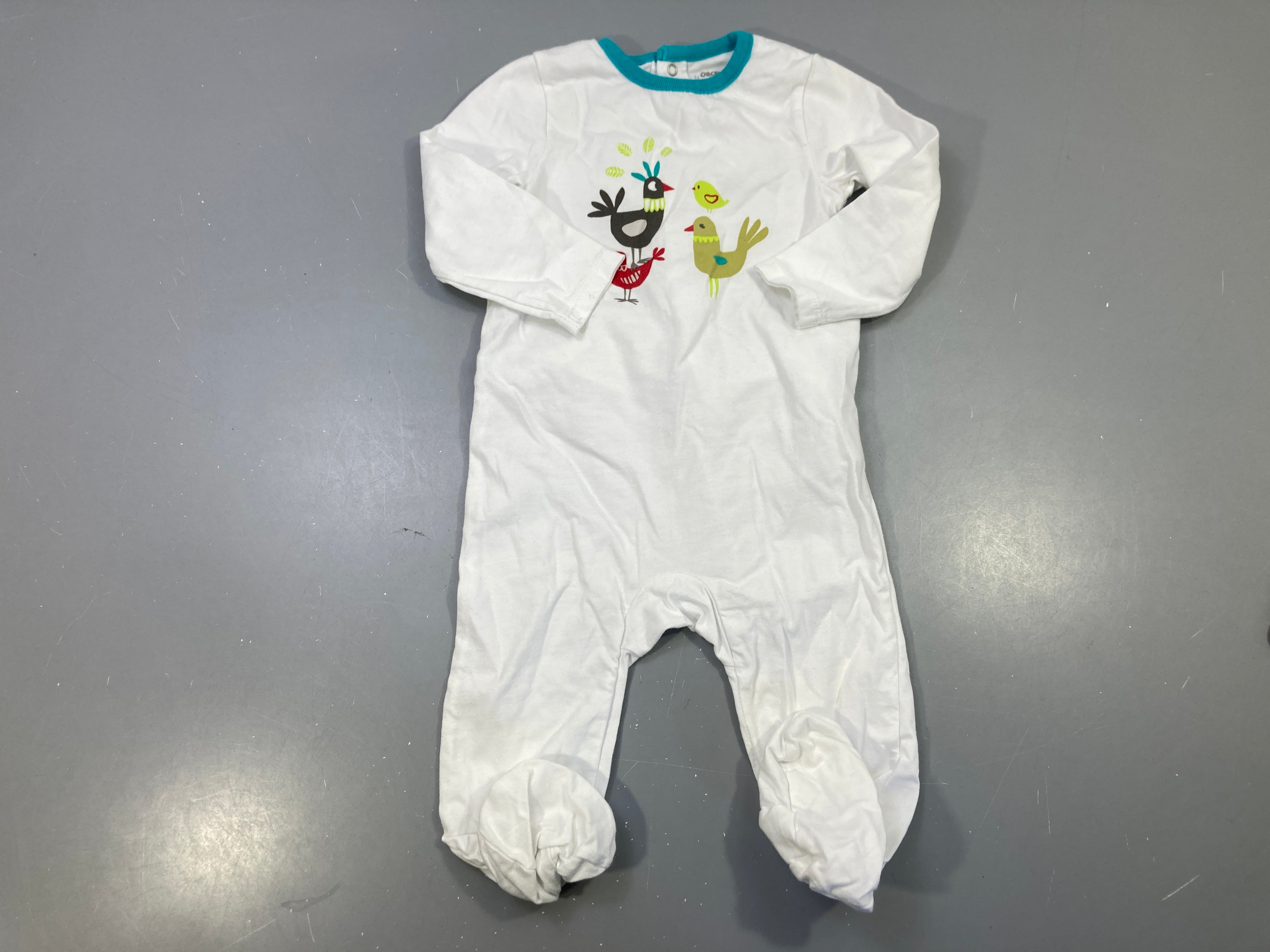 Pyjama jersey blanc oiseaux, col turquoise, pieds