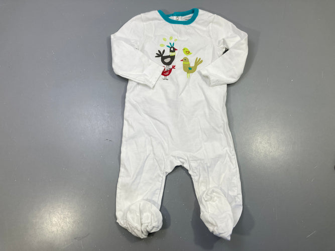 Pyjama jersey blanc oiseaux, col turquoise, pieds, moins cher chez Petit Kiwi