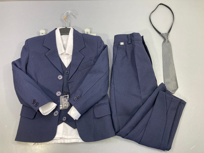 Costume 5pcs bleu marine, veste, gilet, chemise blanche, pantalon, cravate, moins cher chez Petit Kiwi