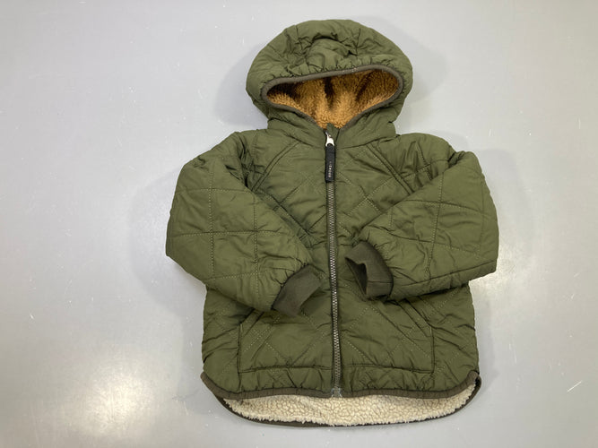 Veste réversible matelassée vert kaki capuche, doublure sherpa, zippée, Liewood, moins cher chez Petit Kiwi
