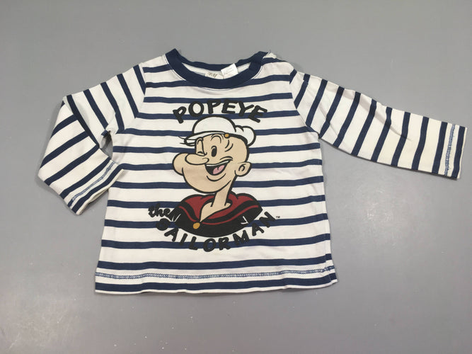T-shirt m.l pressions épaule blanc rayé bleu Popeye, moins cher chez Petit Kiwi