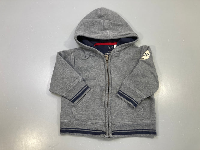 Sweat capuche gris chiné zippé, ancre sur la manche, moins cher chez Petit Kiwi