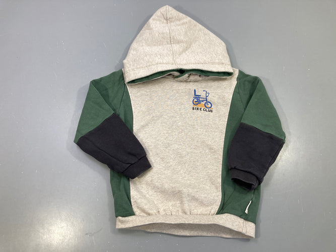 Sweat capuche gris chiné, vert et marine, vélo Bike Club, Sturdy légèrement bouloché, moins cher chez Petit Kiwi