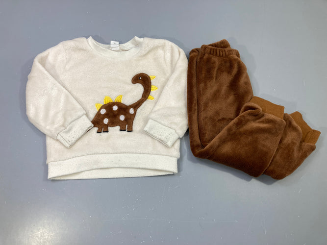 Pyjama 2pcs velours écru et marron, sweat dinosaure, pantalon, moins cher chez Petit Kiwi