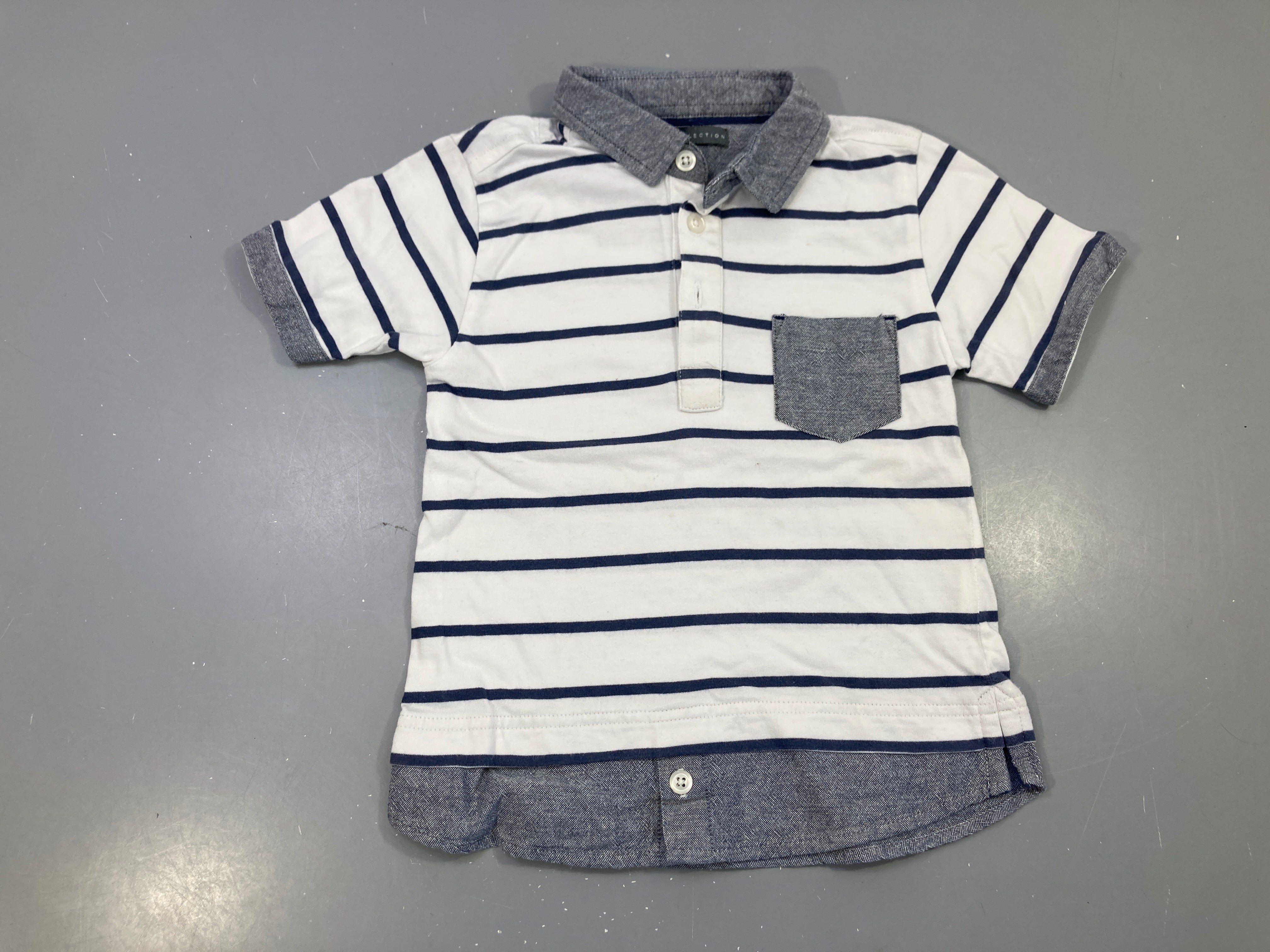Polo m.c blanc rayé bleu marine, col et poche chambray