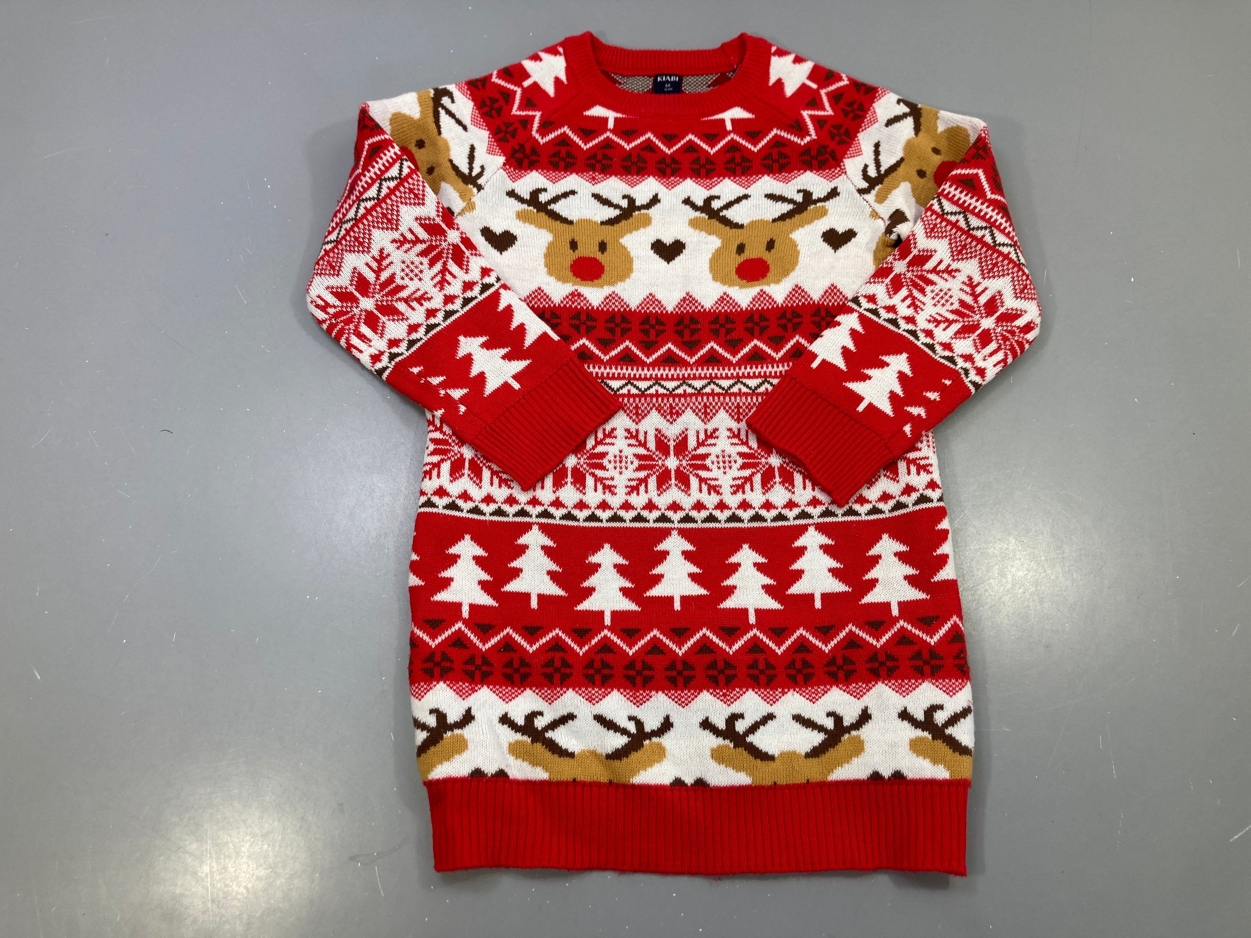 Robe m.l rouge et écru jacquard Noël, rennes et sapins, maille