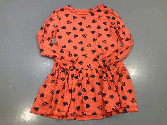 Robe m.l jersey orange corail imprimé cœurs noirs, moins cher chez Petit Kiwi