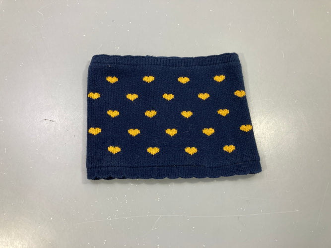 Snood bleu marine cœurs moutarde, maille, légèrement bouloché, moins cher chez Petit Kiwi