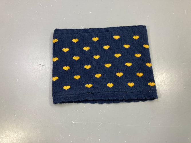 Snood bleu marine cœurs moutarde, maille, légèrement bouloché, moins cher chez Petit Kiwi