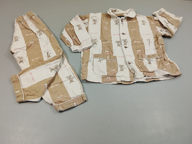 Pyjama  2 pcs en fanelle  rayé brun , écru  motifs singes,, un peu bouloché, moins cher chez Petit Kiwi